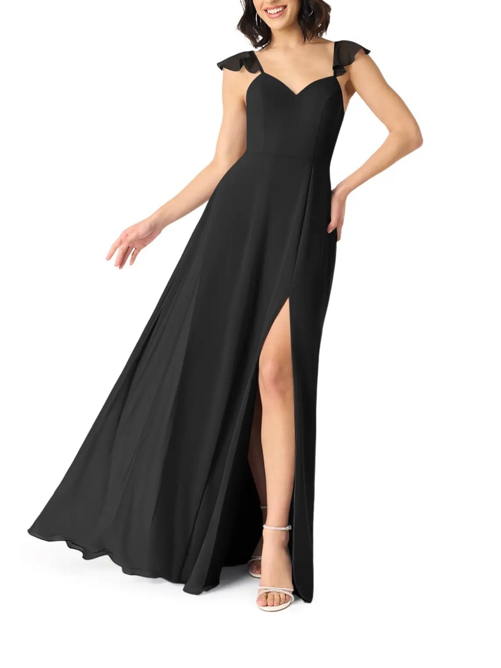 Azazie Black Ruffle Strap Prom Gown with High Thigh Slit